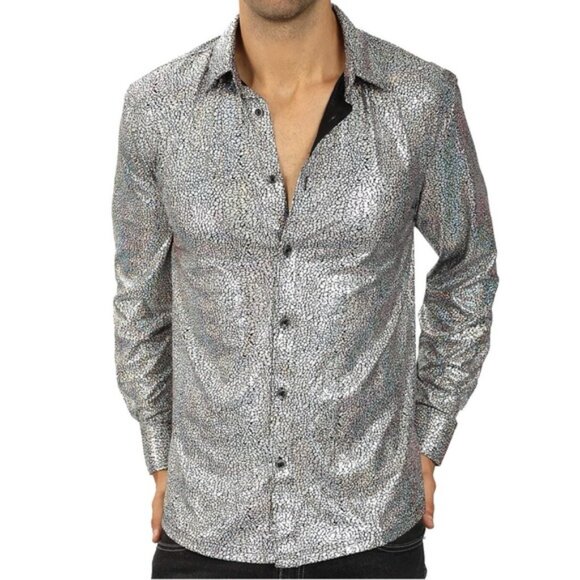 !! SOLD !!  Wulful Disco Party Shirt Metalic Holographic Nightclub Men Silver XL - Picture 2 of 16